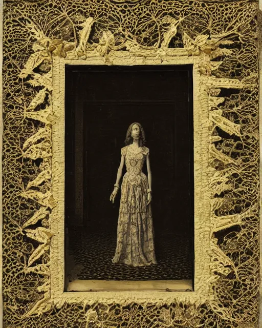 Image similar to a woman standing in a doorway, made of intricate decorative lace leaf skeleton, in the style of the dutch masters and gregory crewdson, dark and moody