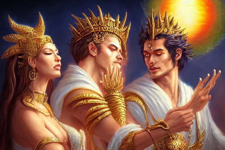 Image similar to close up moment of a divine a sun god and a moon goddess lovers magician at a wedding banquet, highly detailed, d & d, fantasy, highly detailed, digital painting, trending on artstation, concept art, sharp focus, illustration, art by artgerm and greg rutkowski and magali villeneuve