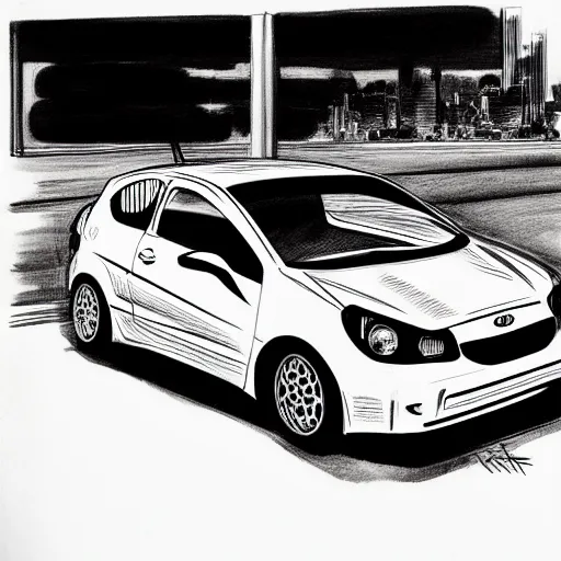 Image similar to Kia Rio hatchback drifting, page from Initial D manga, ink drawing, black and white