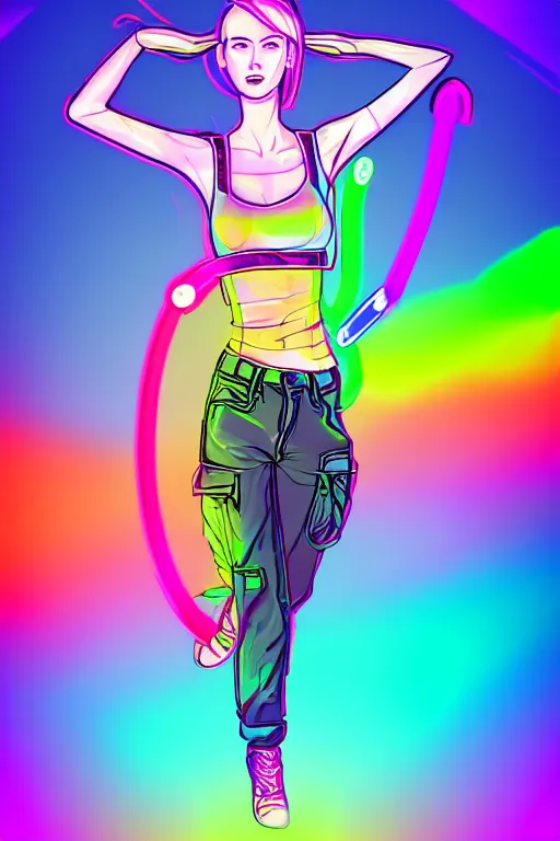 Image similar to a award winning half body portrait of a beautiful woman with stunning eyes in a croptop and cargo pants with rainbow colored ombre hairstyle head in motion and hair flying by thomas danthony, outlined by whirling illuminated neon lines, outrun, vaporware, shaded flat illustration, digital art, trending on artstation, highly detailed, fine detail, intricate