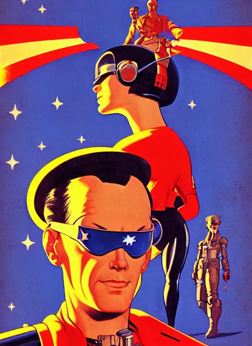 Image similar to american propaganda poster. cyberpunk pilot. portrait by jean giraud and anton otto fischer and john philip falter and will eisner and gil elvgren and pixar. realistic proportions. character art. science fiction d & d. overwatch, rb 6 s, cyberpunk 2 0 7 7, blade runner 2 0 4 9.