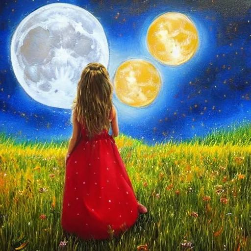 Prompt: breathtaking detailed painting of the moon, with little girl with her back to us, standing in a meadow, oil canvas, attention to detail, award winning, love you to the moon and back, high quality