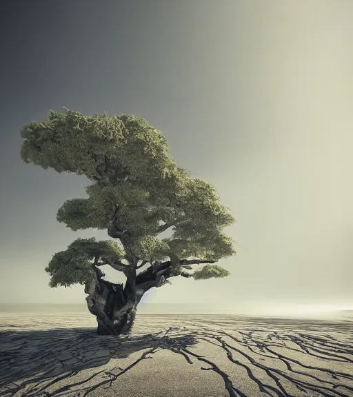 Image similar to surreal tree of snakes, vertical veins of white sand, ancient tree, octane render, unreal engine, foggy sky, wide angle, trending on artstation