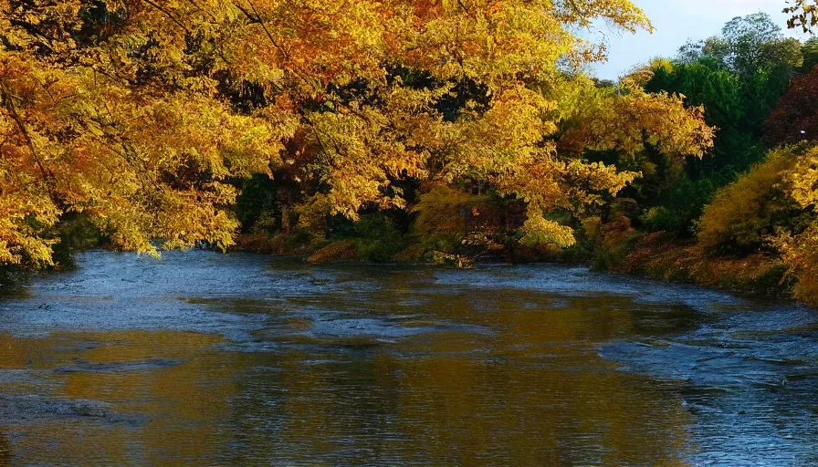 Prompt: a beautiful woman turning into a peaceful river, it's autumn and a gentle breeze is moving leaves around