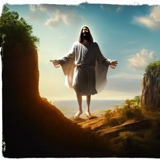 Prompt: Jesus Christ rising out from a tomb in a cliff side, cinematic perspective, movie shot, 8k, full hd