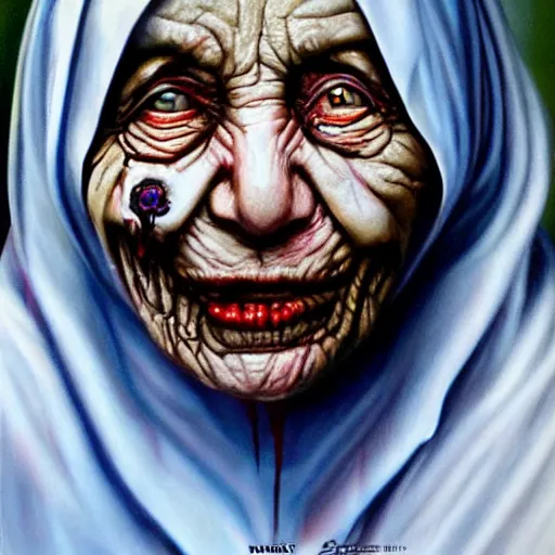 Prompt: a hyperrealistic painting of mother theresa as a zombie buy jason edmiston, hd, sharp focus,