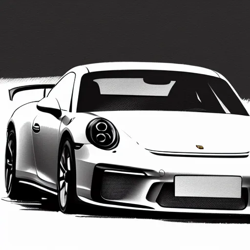 Image similar to a black 2 0 2 1 porsche 9 1 1 gt 3 driving on a windy road, action photo, pencil sketch