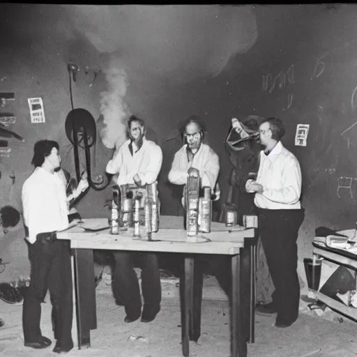 Prompt: A photograph that documents a group of amazed scientists standing around a campfire on the floor of a laboratory. In the background there is a chalkboard with calculations and drawings of fire. F/8, archival photo, room lighting