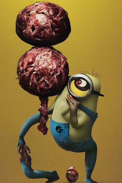 Image similar to a minion devouring a ball of meat in the style of beksinski