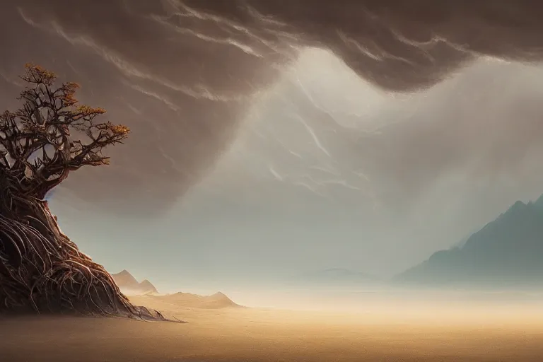 Image similar to cinematic fantasy landscape painting by jessica rossier, primordial and cosmic, desert valley of bones, an autumn maple bonsai growing alone, on a desolate sand dune surrounded by storm tossed waves hr giger