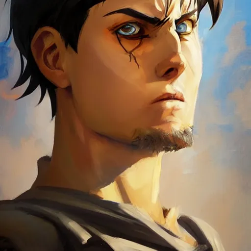 Prompt: greg manchess portrait painting of eren jeager as overwatch character, design in overwatch style, medium shot, asymmetrical, profile picture, organic painting, sunny day, matte painting, bold shapes, hard edges, street art, trending on artstation, by huang guangjian and gil elvgren and sachin teng