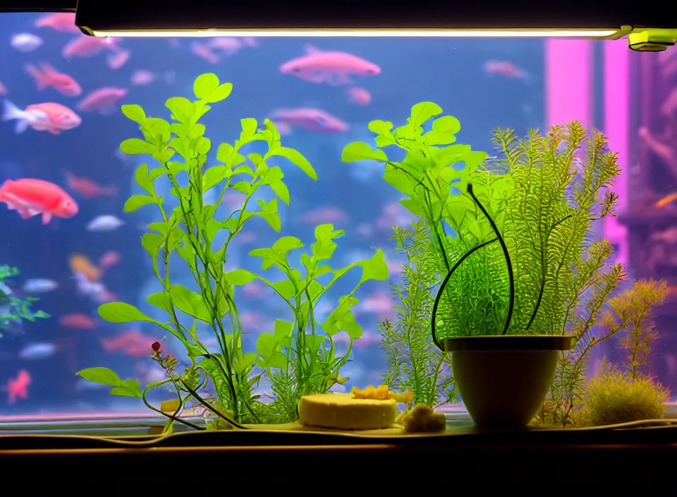 Prompt: telephoto 7 0 mm f / 2. 8 iso 2 0 0 photograph depicting an alien cheese plant in a cosy cluttered french sci - fi ( art nouveau ) cyberpunk apartment in a pastel dreamstate art cinema style. ( aquarium, computer screens, window ( city ), leds, lamp, ( ( ( aquarium bed ) ) ) ), ambient light.