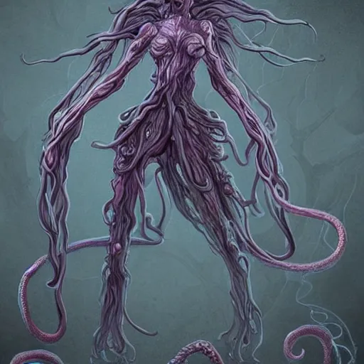 Image similar to concept designs for an ethereal wraith like figure with a squid like parasite latched onto its head and long tentacle arms that flow lazily but gracefully at its sides like a cloak while it floats around a forgotten kingdom in the snow searching for lost souls and that hides amongst the shadows in the trees, this character has hydrokinesis and electrokinesis for the resident evil game franchise with inspiration from the franchise Bloodborne and the mind flayer from stranger things on netflix