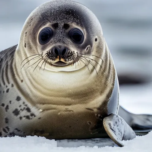 Image similar to Photorealistic photograph of a cute seal pup in snow, photorealism, photorealistic, realism, real, highly detailed, ultra detailed, detailed, cute, emotional, shutter speed 1/1000, 60mm Focal Length, Canon EOS 90D, Wildlife Photographer of the Year, Pulitzer Prize for Photography, 8k