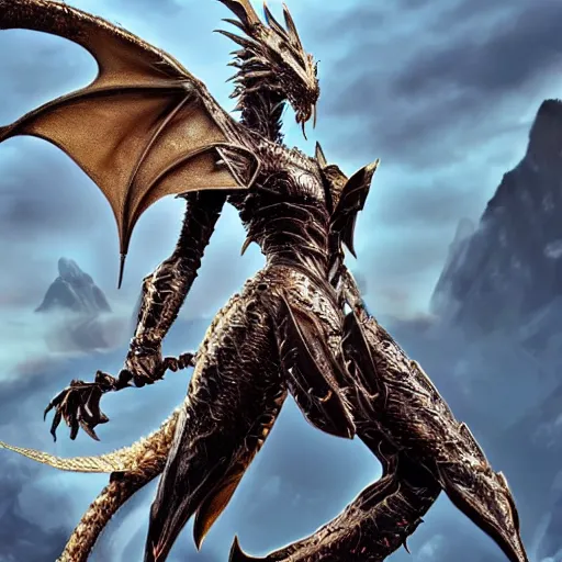 Image similar to highly detailed realistic stunning shot of a beautiful hot anthropomorphic female dragon knight, doing a majestic and elegant pose, armor made of steel, sharp claws and tail that extends out, two wings on her back, HD octane render, epic cinematography, fantasy, Artstation, Deviantart, Furaffinity