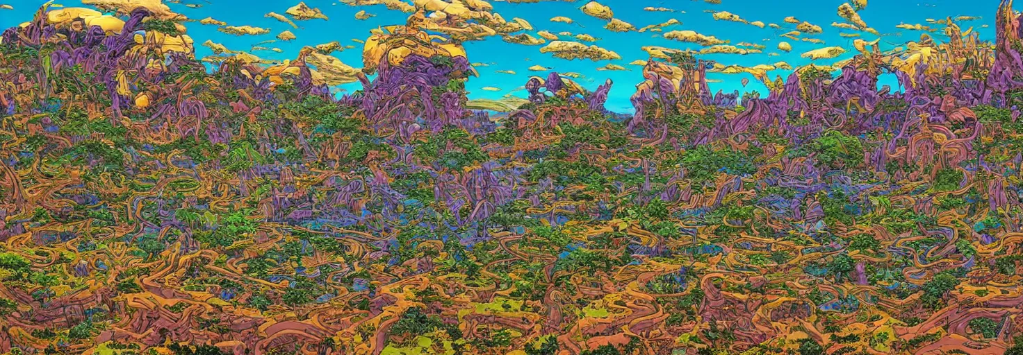 Image similar to beautiful landscape mural of a great advanced civilization in an alien planet, lush landscape, vivid colors, intricate, highly detailed, masterful, fantasy world, in the style of moebius, akira toriyama, jean giraud