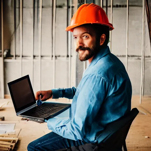 Prompt: a polaroid photo of man using a laptop inside in warehouse, he sitting on chair and small table, he's wearing blue cloth and construction hat, photo from behind, high details, perfect face shape