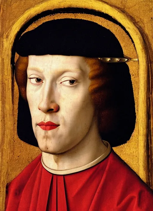 Prompt: portrait of a young man who is a king with a crown, medieval painting by Jan van Eyck, Florence