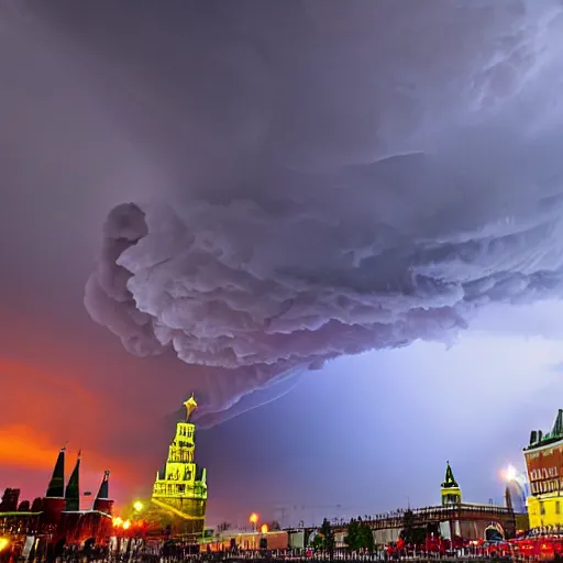 Prompt: a fiery thunderstorm with a tornado over red Square in Moscow