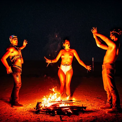 Prompt: photograph of three ravers, two men, one fully clothed woman, photographed from behind, talking around a fire, photorealistic, dancefloor kismet, diverse costumes, clean composition, desert transition area, bonfire, night, australian desert, xf iq 4, symmetry, sony a 7 r, 1 5 0 mp, 5 0 mm