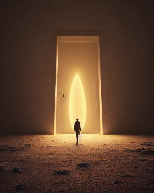 Image similar to a person standing in front of a glowy open door that's on a barren moon, poster art by mike winkelmann, trending on cg society, space art, sci - fi, ue 5, futuristic, volumetric lighting, light casting onto the ground, neat composition and camera angle