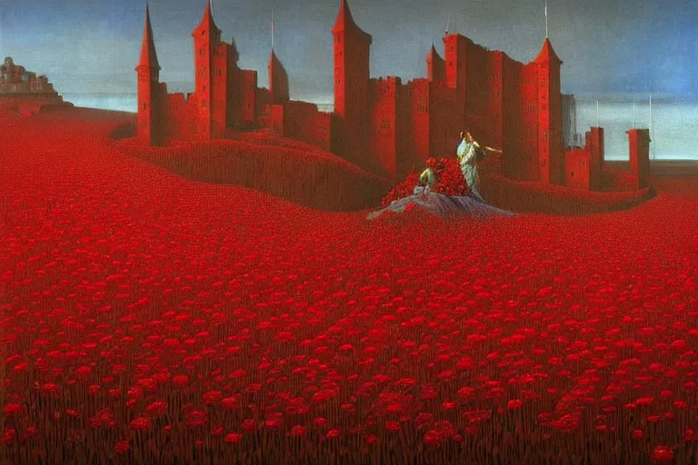 Image similar to only with red, red flowers of different types, a castle in the background, red orcs and trolls dance over the flowers, in the style of beksinski, part by hopper, part by rodcenko, part by hofbauer, intricate composition, red by caravaggio, insanely quality, highly detailed, masterpiece, red light, artstation, 8 k