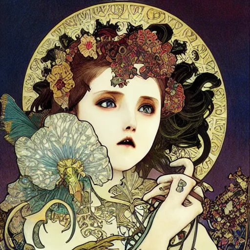 Prompt: manga skull portrait girl female angel princess skeleton realism hyperrealistic art Richard dadd and will cotton alphonse mucha pop art nouveau