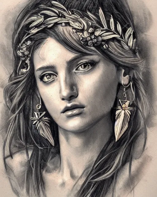 Image similar to realism tattoo sketch of a beautiful greek goddess aphrodite wearing a laurel wreath and arrowhead earrings, in the style of greg rutkowski, amazing detail