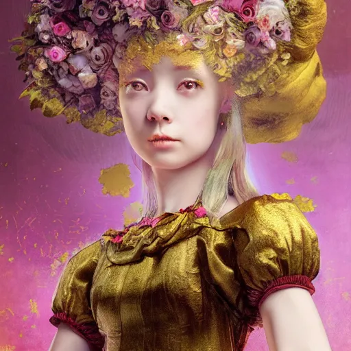 Image similar to 8k, octane render, realism, tonalism, renaissance, rococo, baroque, portrait of a young lady wearing long harajuku manga dress with flowers and skulls, background chaotic gold leaf flowers