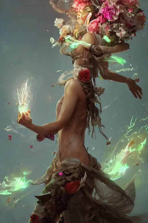 Prompt: beautiful girl necromancer, witch - doctor exploding into flowers, angels, 3 d render, hyper - realistic detailed portrait, ornaments in background, holding electricity and birds, ruan jia, wlop. scifi, fantasy, hyper detailed, octane render, concept art, peter mohrbacher
