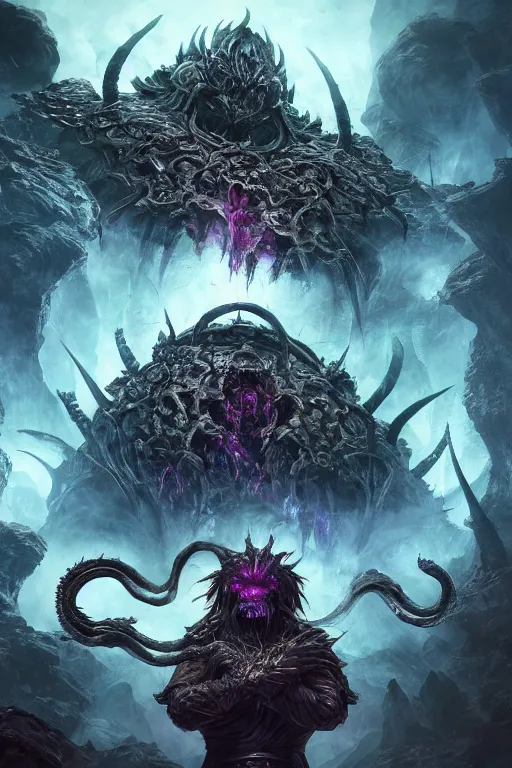 Image similar to an ultra detailed 3 d render of grimace as an elden ring boss, epic anime fantasy, 8 k, in the style of a fantasy metal album cover and magic the gathering, volumetric lighting, smooth, highly detailed, digital illustration, octane render, art by albert bierstadt and greg rutkowsi, artstation