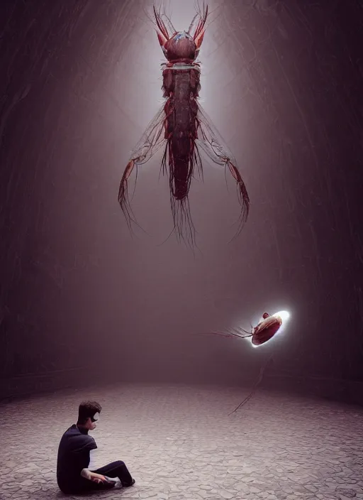 Image similar to a men who suddenly became a giant shrimp, photorealistic, canon r 3, high fashion photography, elegant, luxury and elite, symmetry, octane render, unreal engine, solid dark grey background, dramatic lights