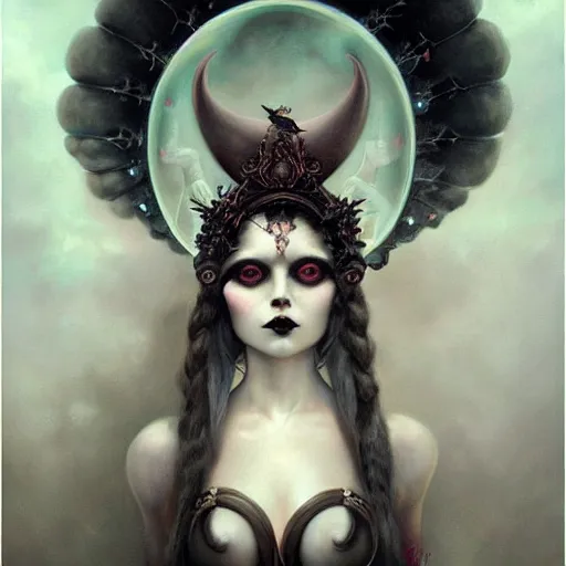 Prompt: By Tom Bagshaw, ultra realist soft painting of a curiosities carnival by night, very beautiful demon horn female dollpunk in full gothic dress facing a transparent glass sphere, symmetry accurate features, very intricate details, omnious sky, black and white, volumetric light clouds