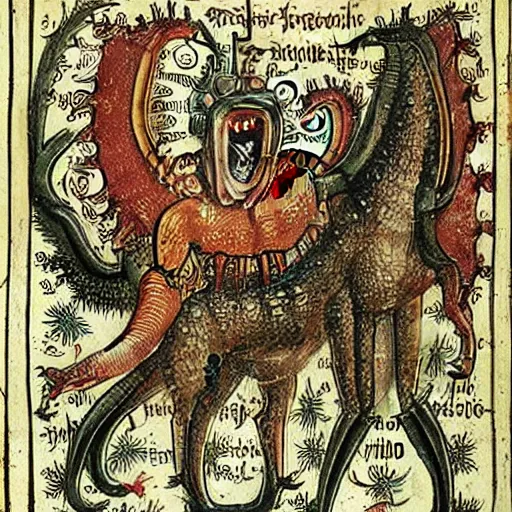 Image similar to medieval bestiary filled with uncanny grotesque beasts and freaky creatures