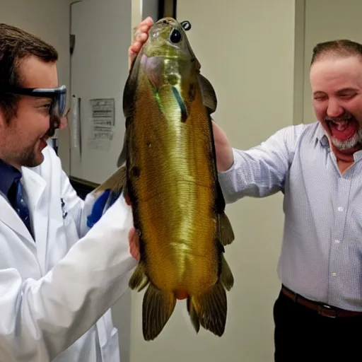 Image similar to a scientist shows off his captive live specimen that is the funniest thing in the world. the room the scientist is in is full of news reporters laughing hysterically while holding cameras and microphones.