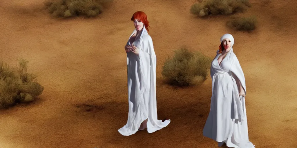 Prompt: christina hendricks in the desert, white robes, fantasy realistic art style