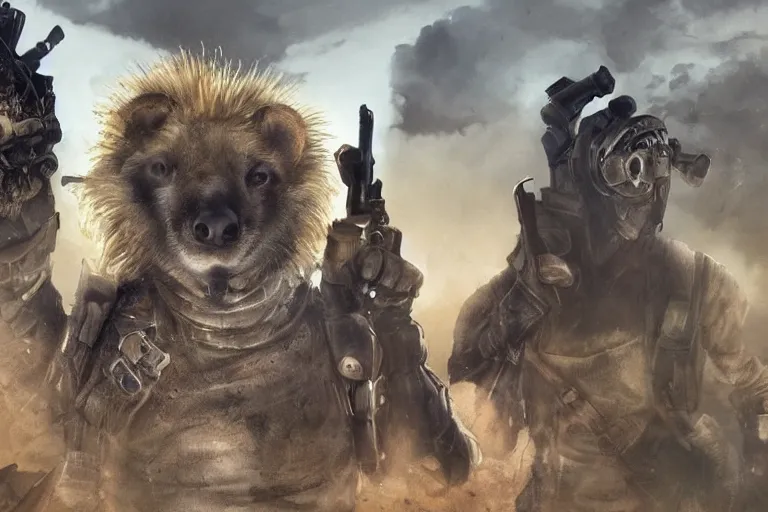 Image similar to a good ol'hyena fursona ( from the furry fandom ), heavily armed and armored facing down armageddon in a dark and gritty version from the makers of mad max : fury road. witness me.