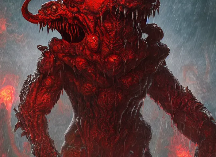 Image similar to devil monster from doom on a humongous hell biome, fantasy, hyper realism, wet reflections, intricate, digital art, detailed, studio shot, unreal engine 5, octane, high definition, smooth, artstation, behance