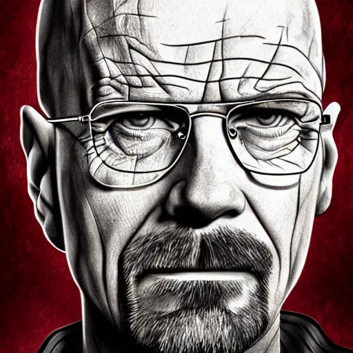 Prompt: a portrait of walter white with blood stains on his face, detailed, 4 k, accurate