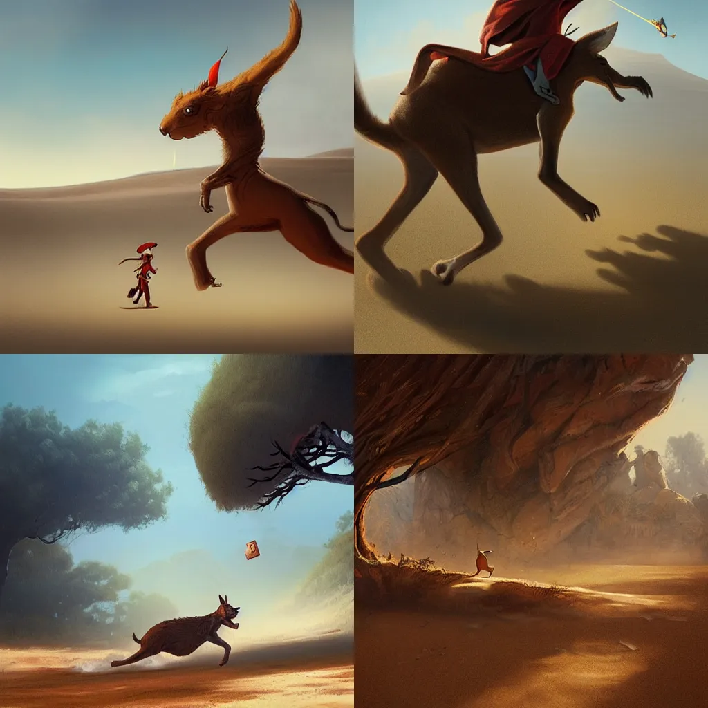 Prompt: Painting of Rincewind running away from a confused kangaroo, concept art, desert scenery, digital art by Greg Rutkowski