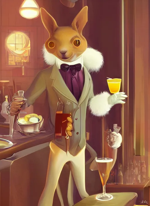 Image similar to squirrel anthro as a dapper bartender with a big, fluffy tail, retro futurism, art deco, detailed, painterly digital art by WLOP and Cory Loftis and John La Farge, 🐿🍸🍋, furaffinity, trending on artstation