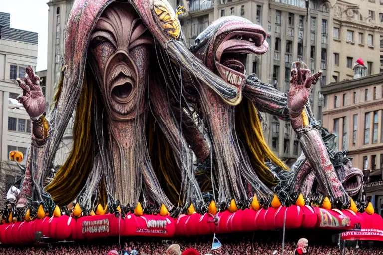 Prompt: photo of giant beautiful elaborate parade float character designed by giger and wes anderson!!!!!!!!!!!!!!, in the macys parade, detailed 4 k photo,