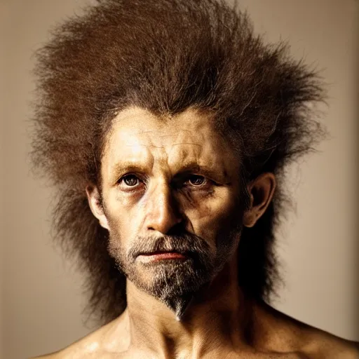 Image similar to portrait of lion - human hybrid, by annie leibovitz, portrait of a man, studio lighting