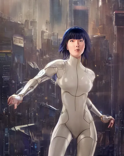 Image similar to weta disney pixar movie still portrait photo of motoko kusanagi ghost in the shell : : as cyborg woman by pixar : : by weta, wlop, ilya kuvshinov, rossdraws, artgerm, marvel, maxim cover, latex, octane render, sweaty, iridescent, bright morning, anime, liosh, mucha : :