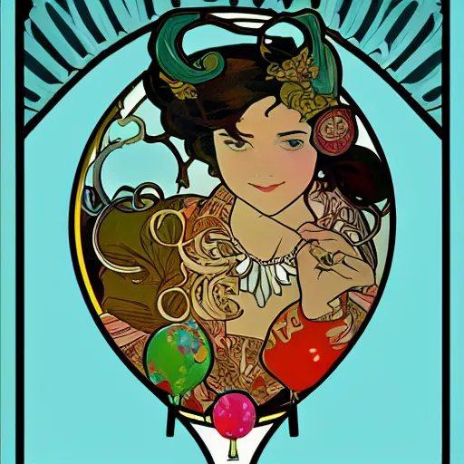 Prompt: balloon pop art in the style of alphonse mucha