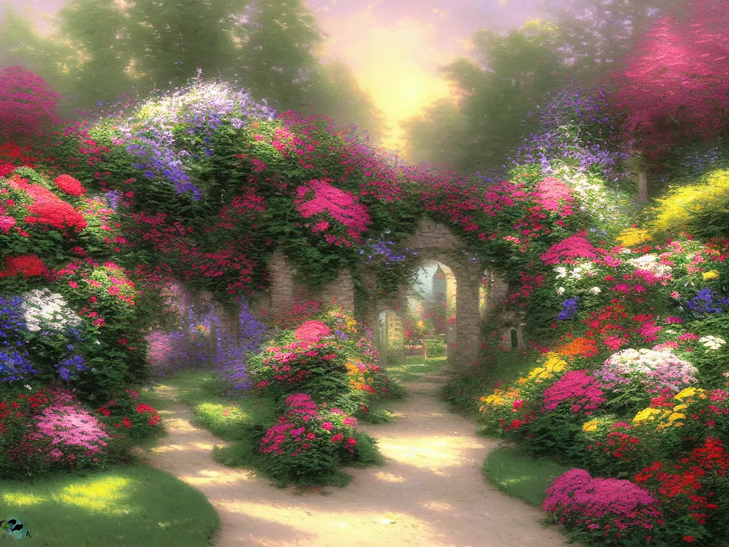 a dream flower garden near a seaside harbor | Stable Diffusion