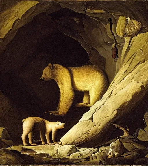 Prompt: looking into dark cave with a mother bear and her cubs sleeping, night time, artwork by Pieter Claesz