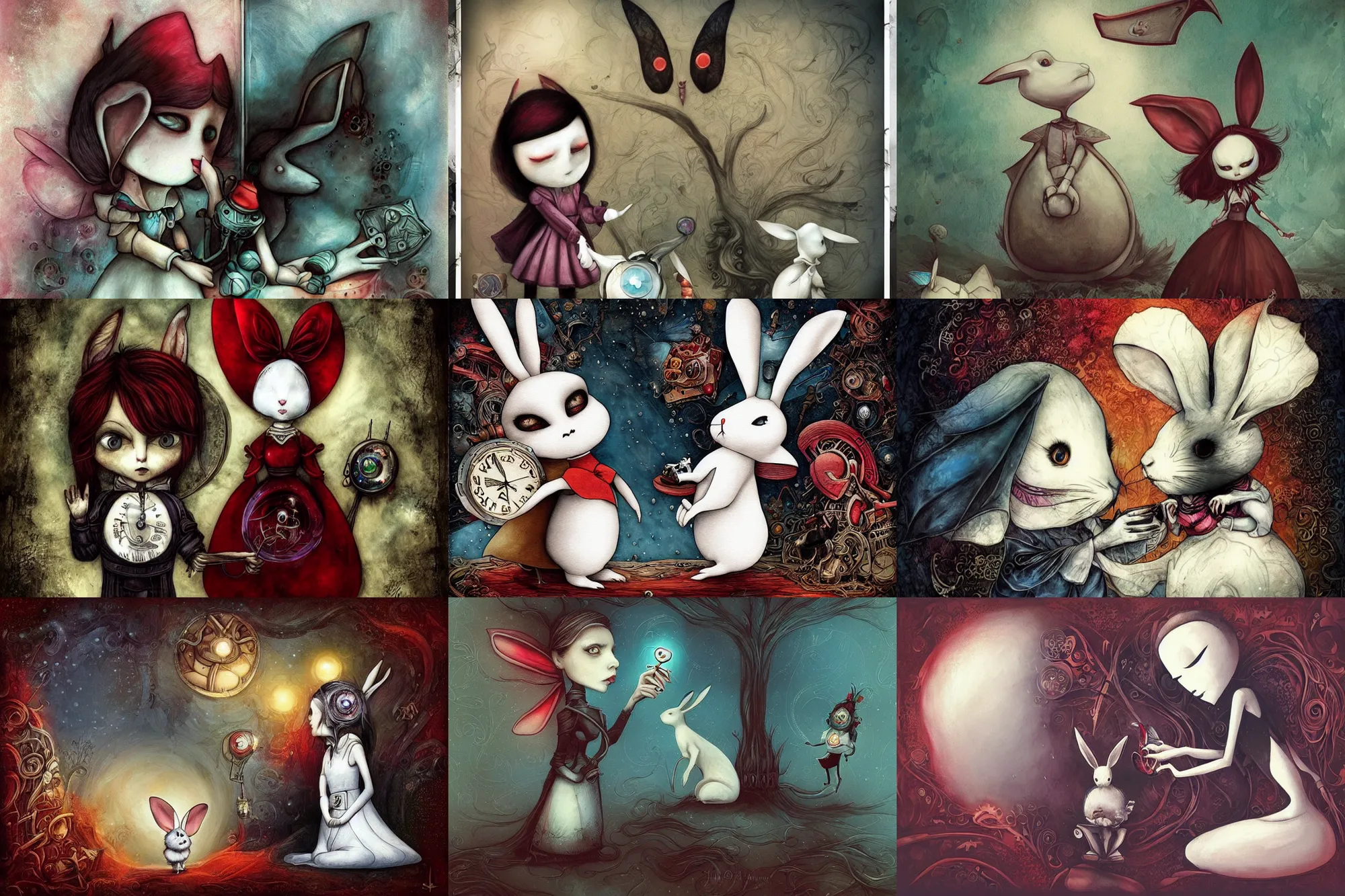 Prompt: Alice fans herself with the White Rabbit\'s fan and shrinks again, biomechanoid, sci-fi, dramatic, art style Megan Duncanson and Benjamin Lacombe, super details, dark dull colors, ornate background, mysterious, eerie, sinister
