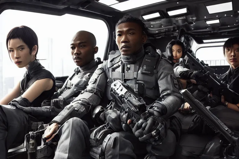 Prompt: movie diverse interracial team of Japanese sci-fi futuristic robbers armed with rifles interior clean futuristic tactical van, beautiful skin, Symmetrical faces. natural lighting by Emmanuel Lubezki