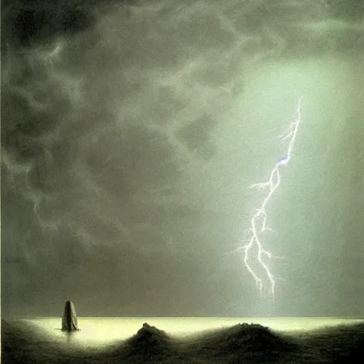 Image similar to thunderstorm at the lake made by zdzisław beksinski